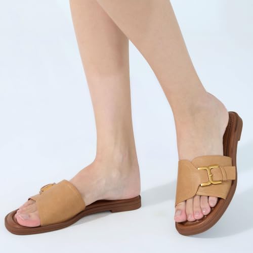 Image of UBFEN Womens Square Toe Flat Sandals Slides Dressy Comfortable for Beach