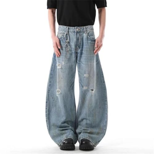 Men’s Niche Design Jeans, Holes Design, Worn-Out Contrast Color, Loose Wide Leg Casual Denim2