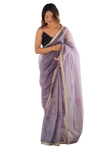 Image of AKHILAM Women's Shimmer Net Solid Saree With Unstitched Blouse Piece