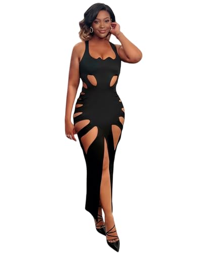 Caviotess Women's Sexy Sleeveless High Slit Maxi Dress Low Cut Hollow Out Bodycon Long Dress Club Party Dress