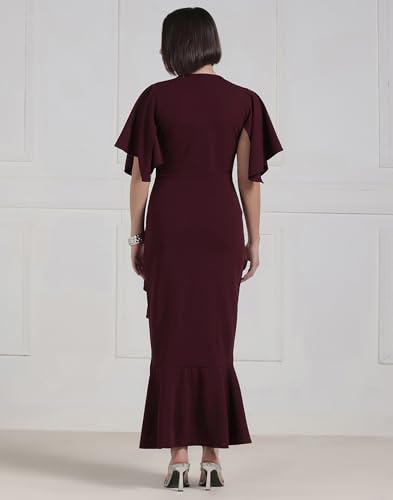 Image of Selvia Wine Flutter Sleeve Bodycon Midi Dress for Women, V-Neck Ruffle Hem Outfit