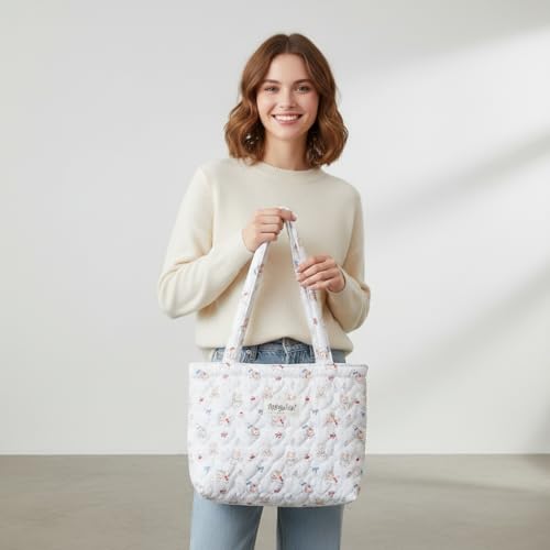 Image of Floral Quilted Cotton Shoulder Bag for Women Daily Use Medium Size Handbag Large Capacity Thickened Design Tote