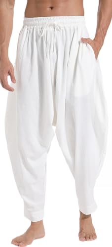 PACEIADTA Mens Casual Harem Pants Baggy Aladdin Hippie Elastic Waist Drop Crotch Trousers2