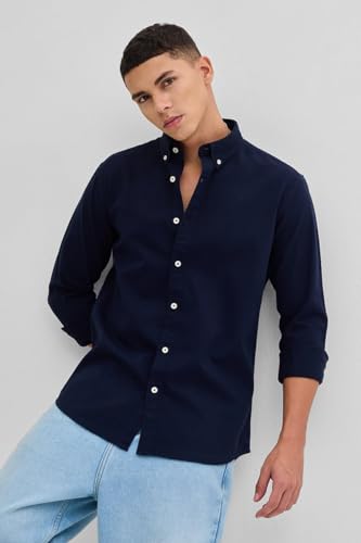 Image of SNITCH Men Casual Shirt College Wear | Slim Fit Full Sleeve Button-Down Collar Plain Style | Breathable Cotton Twill Fabric & Smooth Texture for Everyday Use