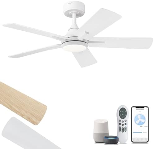 YOUKAIN Ceiling Fans with Lights, 42 Inch White Ceiling Fan, Smart Ceiling Fan Remote & APP Control, Reversible Blades, Modern Outdoor Ceiling Fans for Living Room, Bedroom, 42-YJ812-WH