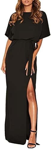 Happy Sailed Womens Batwing Sleeve Tie Waist Long Maxi Dress Side Split Formal Party Dresses Evening Gown Black X-Large