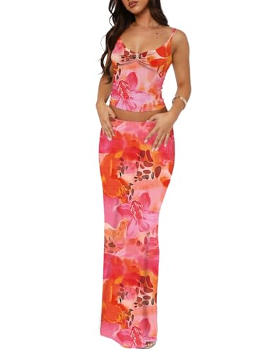 Image of Two Piece Skirt Set for Women - Sexy Sleeveless Spaghetti Strap Pleated Tank Top Maxi Long Skirts Sets