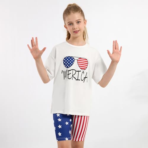 Image of Weixinbuy Girls 4th of July Outfit 2 Piece Short Sleeve Oversized T-Shirt and Biker Shorts Kids Fashion Summer Colothes Set