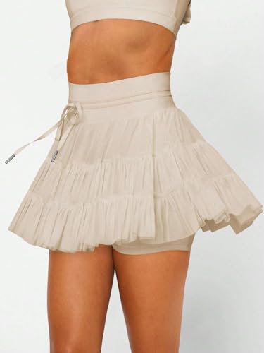 EARKOHA 2025 Skirts for Women High Waist Tie Pleated Solid Color Mini Skirt with Pockets Apricot XL4