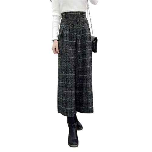 chouyatou Women's Winter High Waist Wide Leg Plaid Wool Blend Palazzo Capri Pants Culottes with Pockets