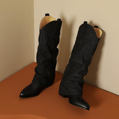 UniqueStride Women's Denim Fold Over Mid Calf Cowboy Boots Western Round Toe Chunky Heel Cowgirl Pull On Studded Boots2