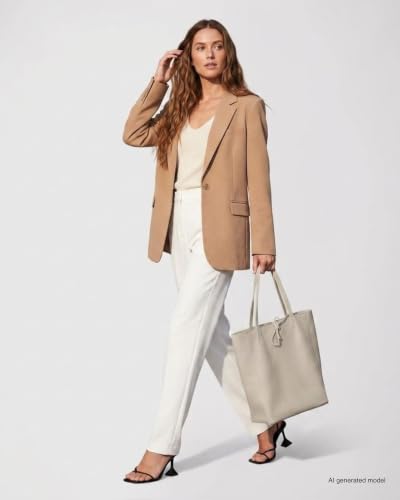 Image of Genuine Italian Leather Tote Bag for Women, Large Slouchy Purse, Beige | Unstructured bag, raw unlined interior with zip pocket, top zipper, side ties, folds flat, fits a 16-inch laptop, lightweight