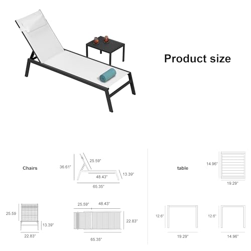 PURPLE LEAF Lounge Chair Set for Outside Aluminum Patio Recliner with Side Table and Pillow Beach Sunbathing Tanning Chairs Pool Chaise Lounger Outdoor White