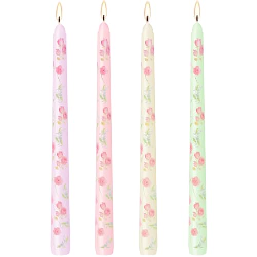 0.87×10 Inch Printed Floral Taper Candles, 4 Pack Unscented and Smokeless Rose Candlesticks, 6 Hours Burning for Home Décor Weddings Dinner Party