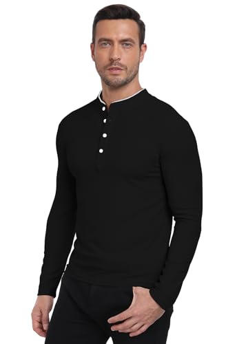 KUYIGO Men's Long Sleeve Slim Fit Mandarin Polo Shirts Waffle Button Fashion Casual Tops T-Shirt2