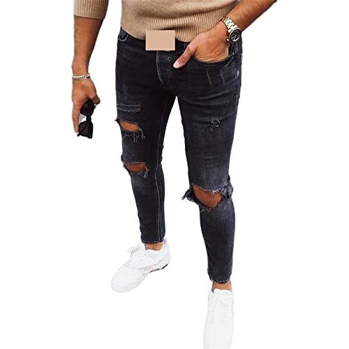Crazynekos Men Ripped Skinny Denim Pants Straight Trousers Distressed Jeans Mid Waisted Slim Fit Pants