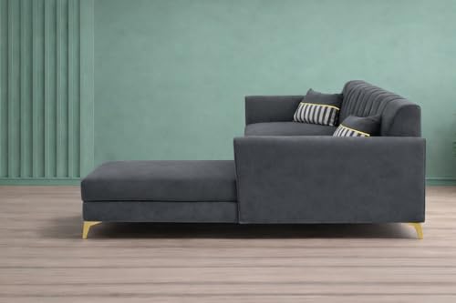 Image of Adorn India Premium Luster 8 Seater L Shape Sofa Set with 2 Puffy & 1 Center Table | Velvet Suede Fabric | 3-Year Warranty | RHS | Dark Grey with Golden Legs & Striped Pattern Cushion
