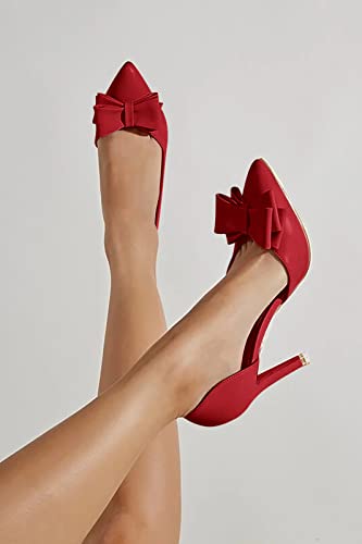 Image of Womens Bow Heels Closed Pointed Toe Dress Shoes Stiletto Slip on Wedding Pumps