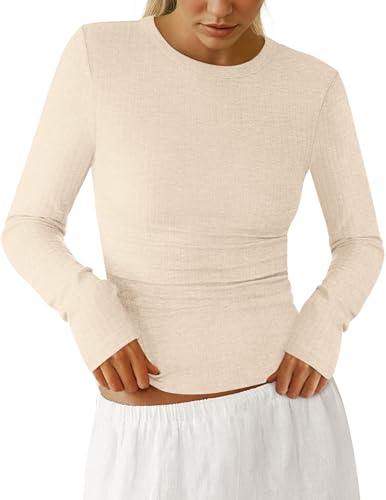 PRETTYGARDEN Womens Long Sleeve Shirts 2026 Ribbed Knit Slim Fitted Basic Tee Casual Going Out Tops Underscrubs Fall Clothing (Beige,Medium)