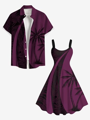 Image of ROSE GAL Matchable Couple Hawaiian Coconut Tree Print Shirt or Plus Size Knee Length Fit and Flare Tank Dress