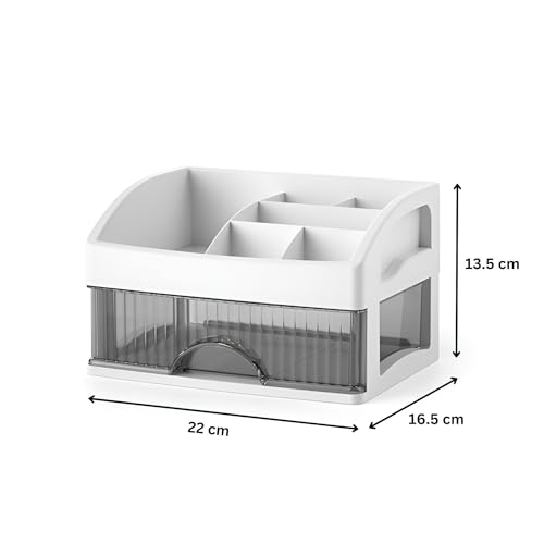Image of HoopVool Desk Makeup Organizer, White Plastic Storage Box with Sliding Drawer, Stylish Display Case for Cosmetics, Lotion, Nail Polish, Brushes, and Jewelry, 1-Layer