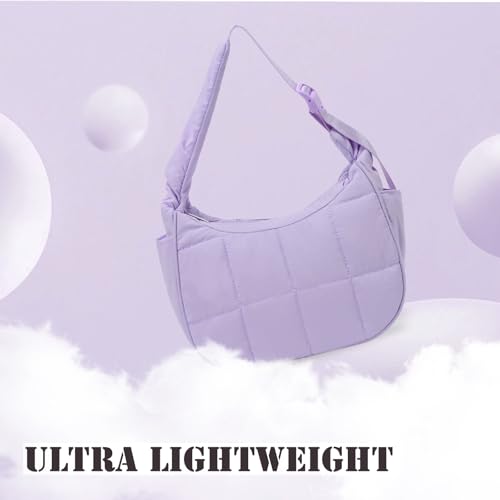 Image of Small Puffer Crescent Underarm Shoulder Bag for Women, Nylon Quilted Purses Handbags with Adjustable Strap, Purple