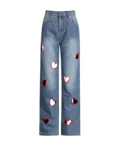 Jeans for Women Y2k Trendy High Waisted Heart Hollow Straight Leg Denim Jeans4