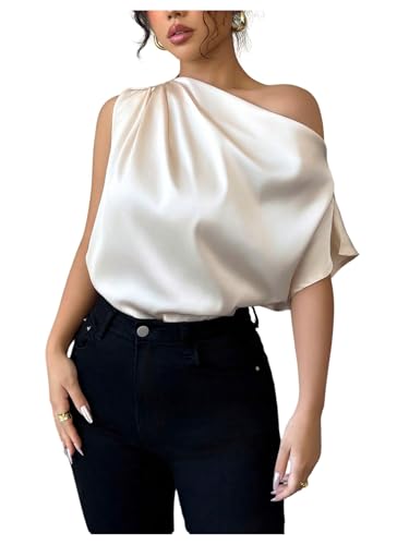 SHENHE Women's Off Shoulder Satin Blouse Short Sleeve Asymmetrical Dressy Going Out Top Apricot Large