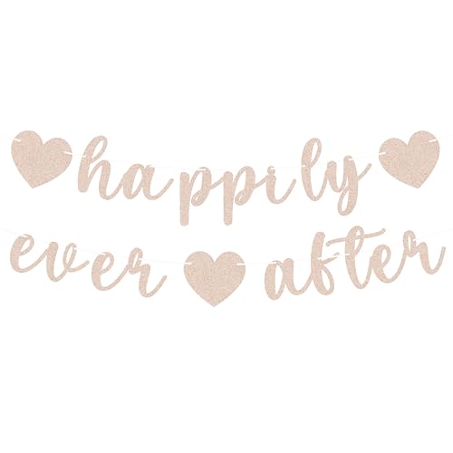 Image of Pre-Strung Happily Ever After Banner - Rose Gold Glitter Bachelorette Bridal Engagement Party Decoration Supplies, Bachelorette Wedding Party Banner for Engagement, Bridal Shower, Wedding Party Photo Booth Props