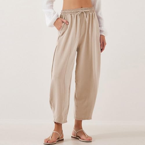 fanmpghleoo Linen Harem Pants Women with Pockets Drawstring Wide Leg Pirate Pants High Waisted Capri Joggers with Pockets3
