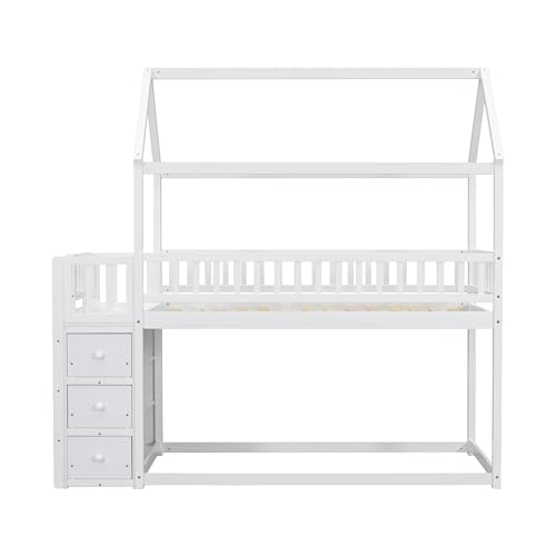 Image of Bellemave Bunk beds Twin Over Twin Size with Drawers and Shelves Storage, Floor bunk Bed,White