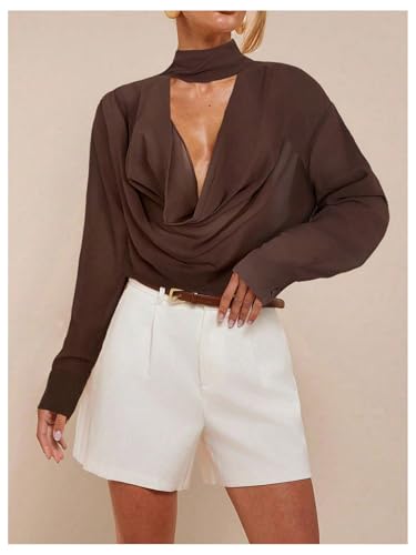 SHENHE Women's Cowl Neck Blouse Long Sleeve Draped Sexy Dressy Sheer Blouse Top with Scarf