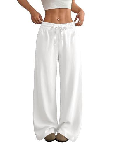Image of SEMARO Womens Casual Linen Wide Leg Pants Flowy Drawstring High Waist Palazzo Beach Vacation Trousers