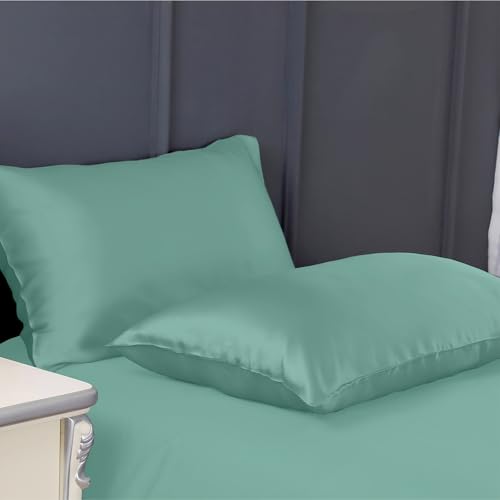 Image of 300 TC Art Silk Satin Pillow Cover Set | Durable Satin Pillow Cover with Envelope Closure | Luxury Satin Pillow Covers | Cozy Satin Pillow Covers (2, Aqua Blue)