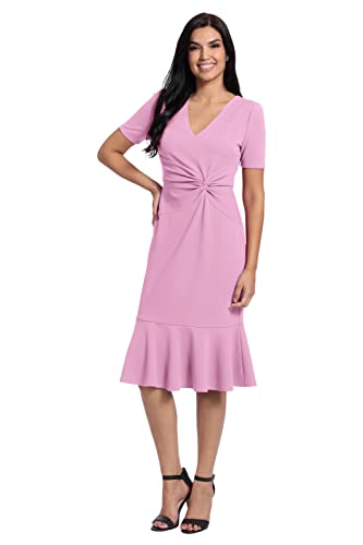 Image of London Times Women's V-Neck Dress - Flounce Hem, Twist Waist, Elegant Office & Event Wear