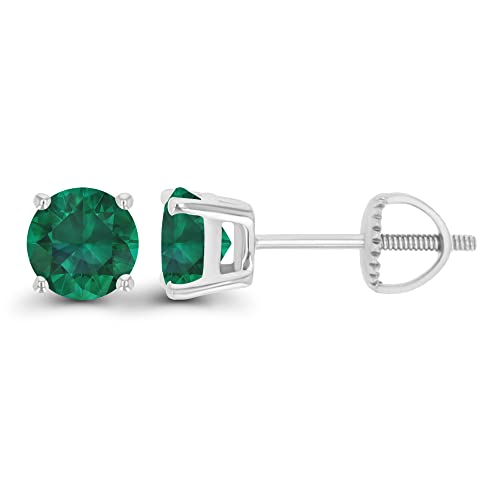 925 Sterling Silver 5mm Round Created Green Emerald May Birthstone Screwback Stud Earrings