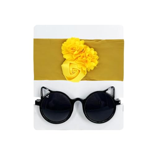 Image of SYGA Baby Rose Flower Stretchable Headband With Uv Protection Cat Type Sunglasses Stylish Combo For Toddlers And Kids (Yellow, Black)