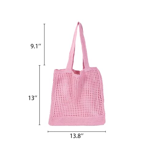Image of Pink Crochet Tote Bag, Large Woven Beach Bag, Handbag Knit Bag for Women, Summer, All Seasons, 15 x 9.5x 4.3 inches