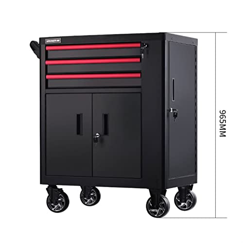 Toolbox 3-Drawer Rolling Tool Cabinet - Rolling Garage Workshop Organizer - Tool Chest with Large Storage Cabinet and Side Tool Storage Cabinet, Black Tool Box