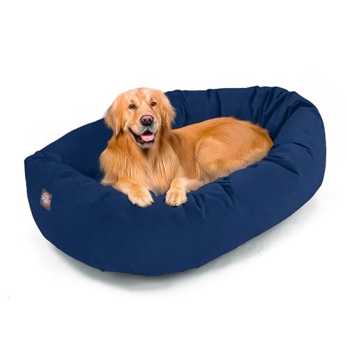 Image of Majestic Pet Suede Shredded Memory Foam Mix Calming Dog Bed Washable - Cozy Soft Round Dog Bed with Spine for Head Support - Fluffy Donut Dog Bed, 40 Inch, Navy