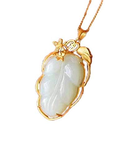 Pendentif feuille de jade blanc véritable et son collier en argent 925 doré