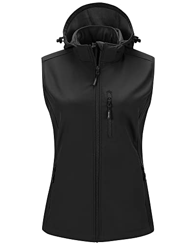 Outdoor Ventures Damen Softshell Westen mit Kapuze Leichte Fleece Gefütterte Ärmellose Jacke Wasserdichte Winddichte Weste Vest mit Zip up-Taschen Schwarz XL