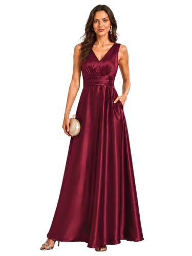 Image of Ever-Pretty Women's Summer Satin V Neck Formal Wedding Guest Dress Floor Length Empire Waist Bridesmaid Dresses with Pockets