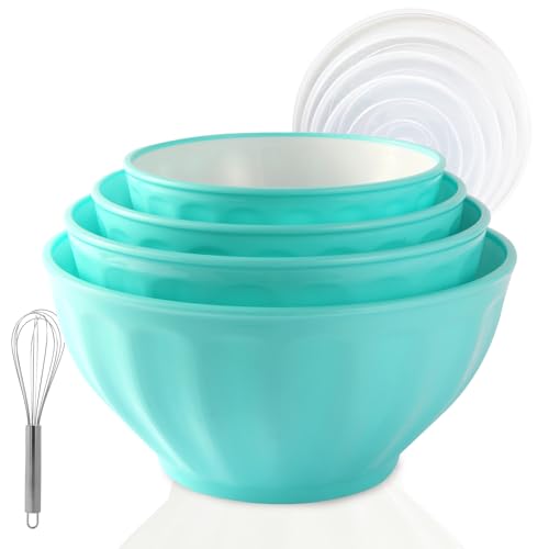 Plastic Mixing Bowls,Serving Bowls with Lids Set,4 Bowls 4 Lid 1Egg Whisk for Kitchen Mixing,Storage Food,Refrigerator, Dishwasher, Microwave safe,Blue