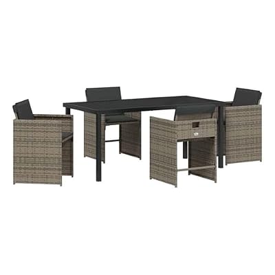 Afuera Living 5 Piece Poly Rattan Garden Dining Set, Cushioned Seats, Gray Finish, UV-Resistant Rattan, Powder-Coated Steel Frame, Tempered Glass Tabletop, Modern Design, Outdoor Patio or Garden