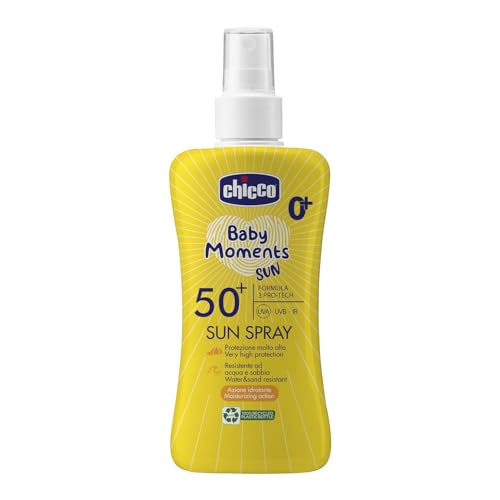Chicco Latte Spray SPF 50 +, Spray Solare ad Ottima Protezione, per la Pelle Sensibile del Bambino, Protegge dai Raggi Solari, Leggera e Resistente all'Acqua, Idratante, 150 ml