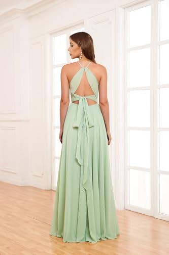 Chiffon Halter Bridesmaid Dresses for Women with Slit Pleated A-line Fall Wedding Guest Dresses with Pockets2