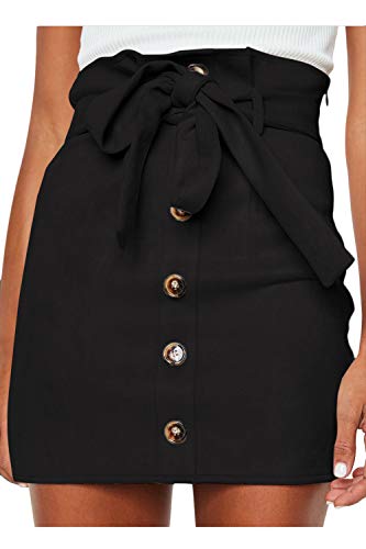 Meyeeka Women's Paperbag High Waist Button Trim Front Belted Faux Suede Mini Skirt