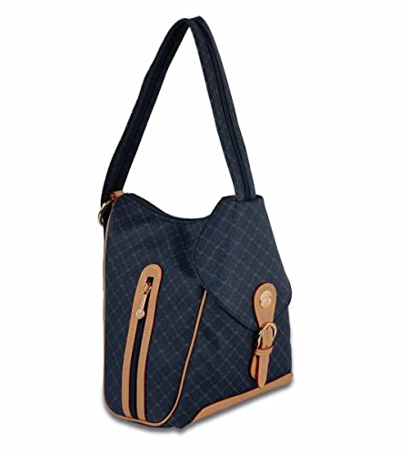 Rioni STA-20082 Designer Signature Navy Blue Canvas Leather Backpack With Zipper Strap3
