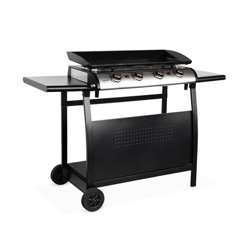 Alice's Garden - Plancha au gaz 4 brûleurs sur Chariot - Porthos - 10kW. plancha à gaz avec desserte Cuisine extérieure. Plaque émaillée. INOX. Barbecue
